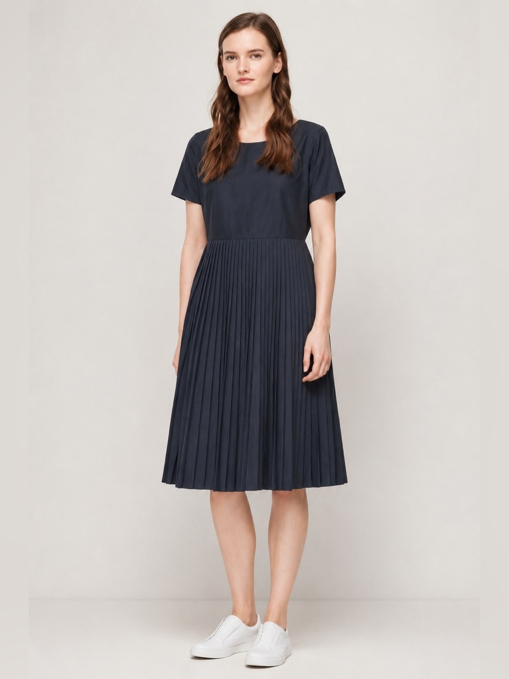 COS Navy Short-Sleeve Pleated Midi Dress